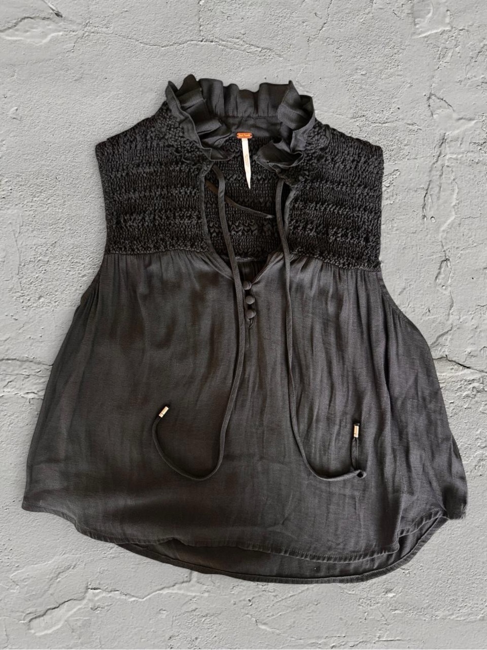 Free People Black Ruffle Me Up Smocked  Neck Blouse